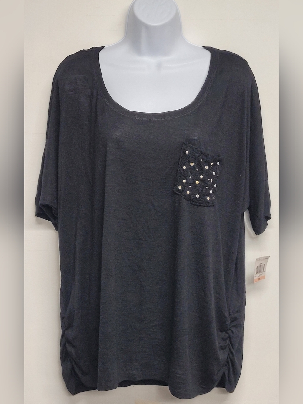 Style & Co 2X Top Deep Black Scoop Neck Lace Back Short Sleeve Stretch Knit